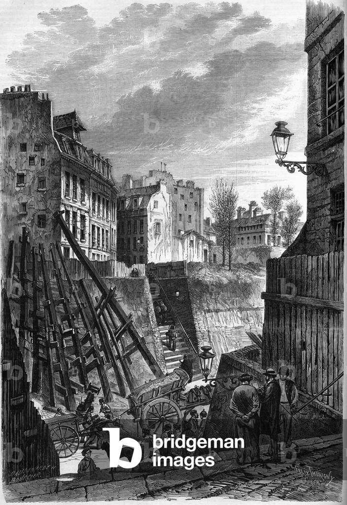 Transformations de Paris sous le Second Empire , Paris haussmannien : vue de la rue Rollin a sa rencontre avec la rue Monge, 1869. Gravure in 