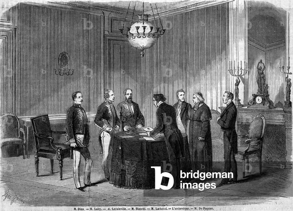 Annexation of Savoy to France, 14 June 1860: signature of the verbal transfer process by the Knight Bianchi of Castagnie, representative of the King of Sardinia. Present: Mr. Dieu; Senator Laity, representative of Napoleon III; Mr. Lerainville; L'Archeveque and Mr. Du Paquier. Engraving in “” Le Monde Illustré”” n°167 of 23 June 1860.
