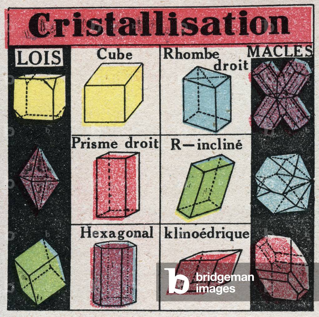 Changes in states: different forms of crystals during crystallization. Anonymous illustration from 1925. Private collection.