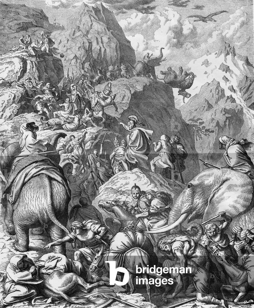 Hannibal crossing the Alps with elephants to arrive in Italy (II Punic War). Engraving of the 19th century.