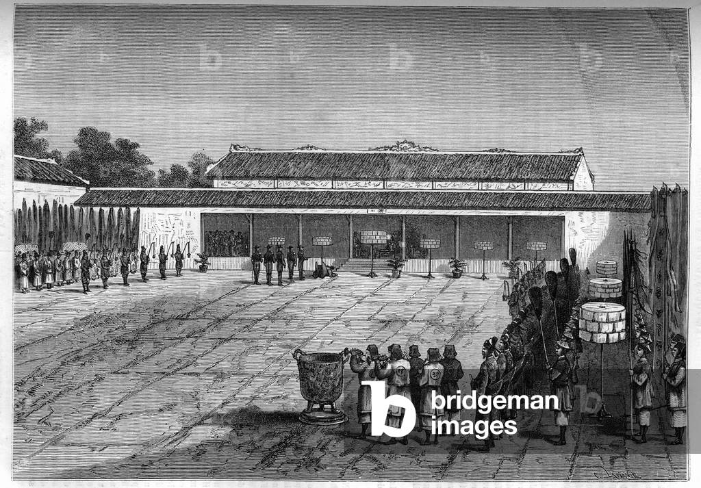 Reception of the French plenipotentiary in Hue by the King of Annam. Engraving in “Le journal de la jeunesse””, 1884.