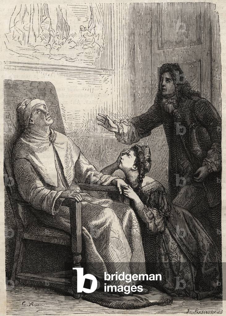 Angelique kneels to her father whom she believes dead - engraving for Jean Baptiste Poquelin dit Moliere (1622-1673) (The Imaginary Invalid)