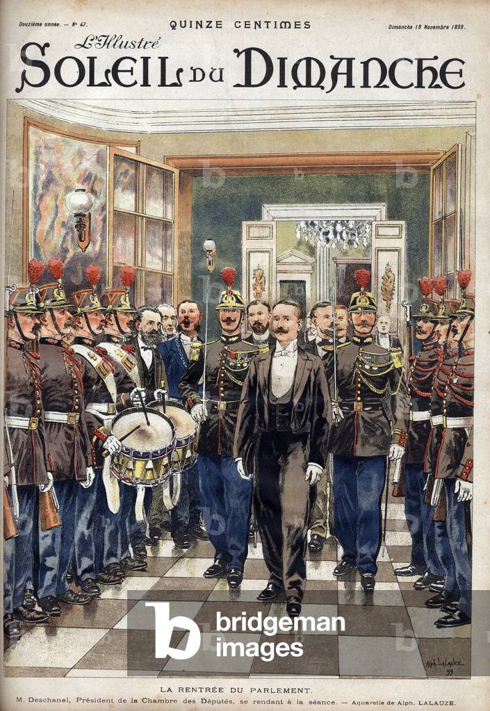 The Rentree of Parliament; Mr. Paul Deschanel (1855-1922), Speaker of the House of Deputes attending the sitting. Engraving in “” Le sun-du-dimanche””, November 19, 1899.