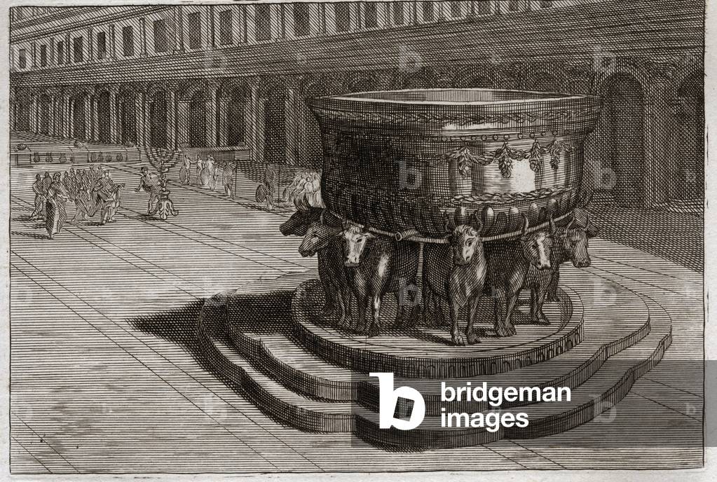 Bible of Royaumont, Old Testament: Sea of brazen. Cast iron usually calls the Sea of brazen to wash the feet and hands of the priests when they enter the temple. Illustration from 1811.