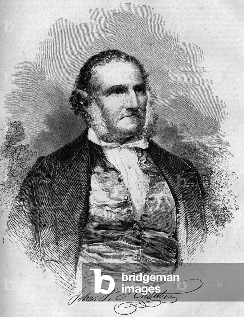 Portrait of John James Audubon (1780-1851), American ornithologist. Engraving in “” Le Magasin picturesque””, 1852.
