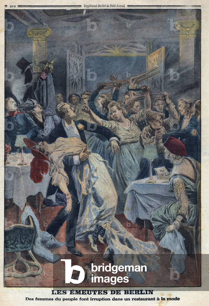 Women breaking into a restaurant to demand the return of their husbands, WWI, 1916 (engraving)