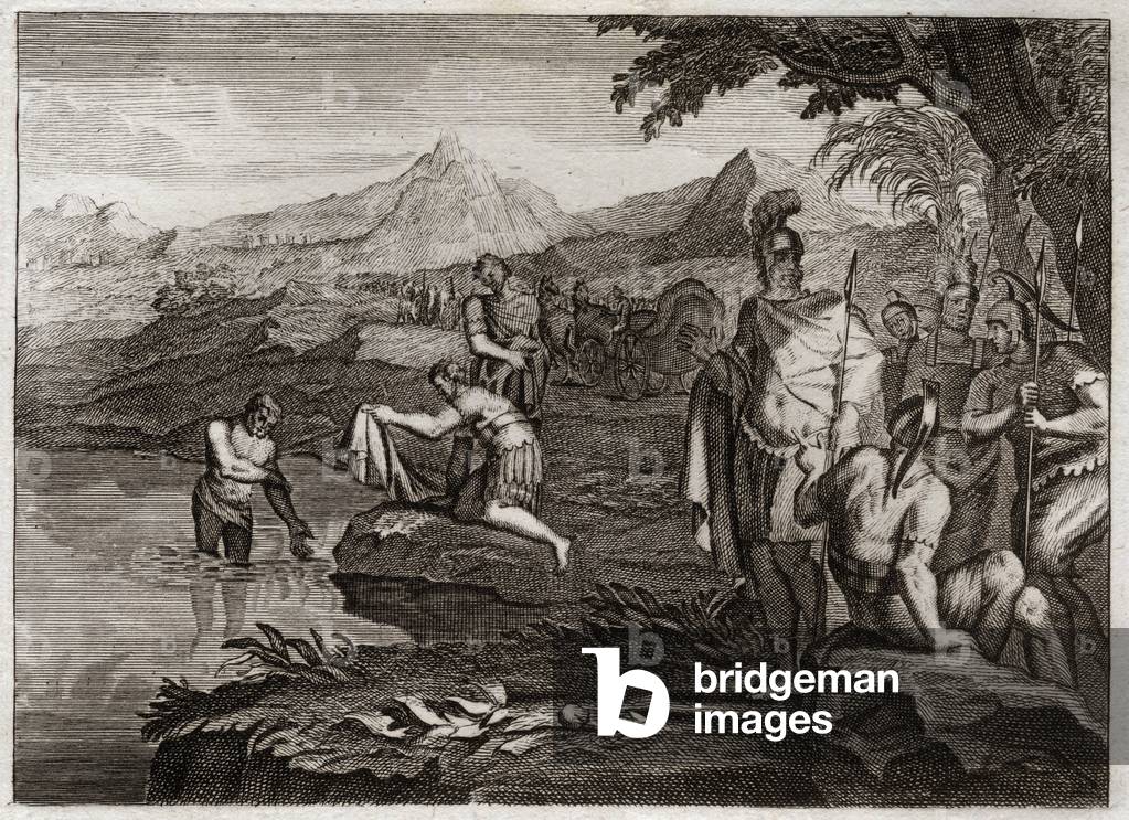 Bible of Royaumont, Old Testament: War of Naaman. Naaman, general of the army of the King of Syria, came to find the Prophete Elisee to be healed of his leprosy. Illustration from 1811.