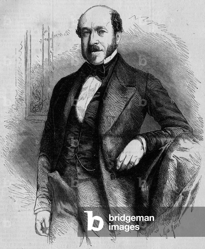 Portrait of Charles de Morny (1811-1866), French politician, president of the Corps Legislatif under the Second Empire. Engraving in “” Le Monde Illustré”” n°33 of 28 November 1857.