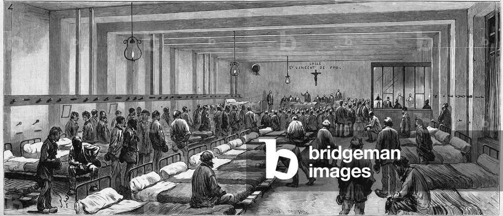 View of the shelter of the Hospitalite by night at 59 rue de Tocqueville in Paris, 1882. Engraving In “” The Illustrous World”” n°1303 of 18 March 1882.