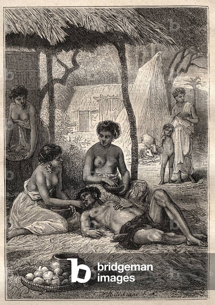 Second voyage of Captain James Cook: an islander who spent his day being swallowed by his wives (Tahiti) 1879  (engraving)