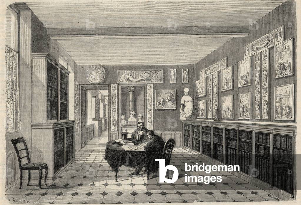 View of the Victor Cousin library at the Sorbonne University in Paris. Engraving in “” L'Univers illustrious””, 1868.