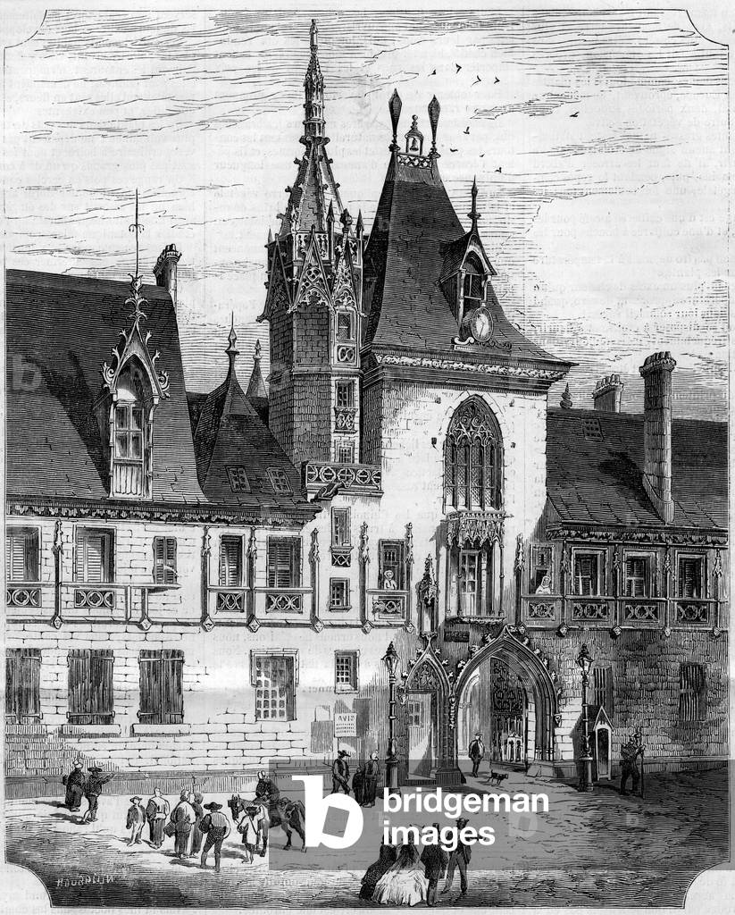 15th century Gothic architecture: facade of the inner courtyard of the house of Jacques Coeur, 1858 (print)