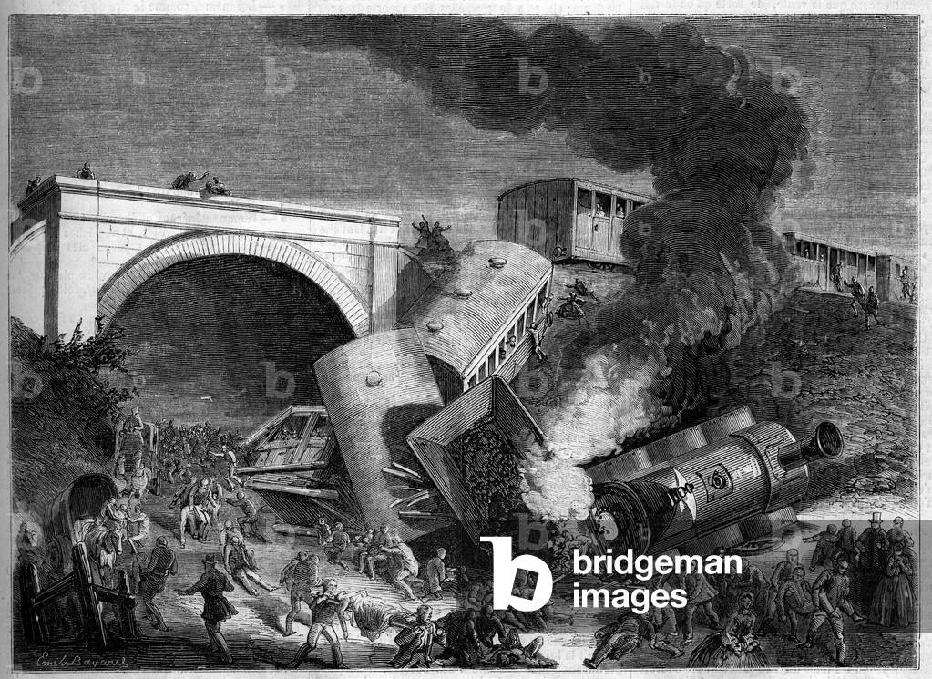 Train accident on the Northern Railway of London, England, September 3, 1861. Engraving in “” Le Monde Illustré”” n°231 of 14 September 1861.