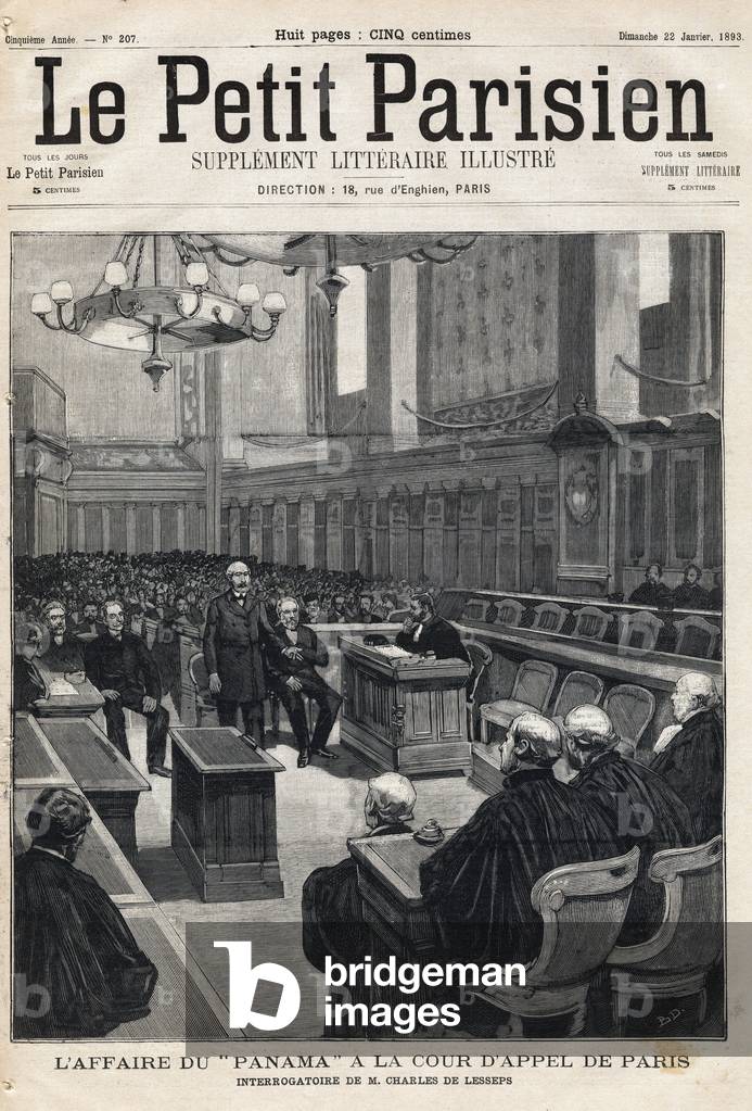 Interrogation of Charles de Lesseps in the Panama scandal, cover of Le Petit Parisien, 1893 (print)