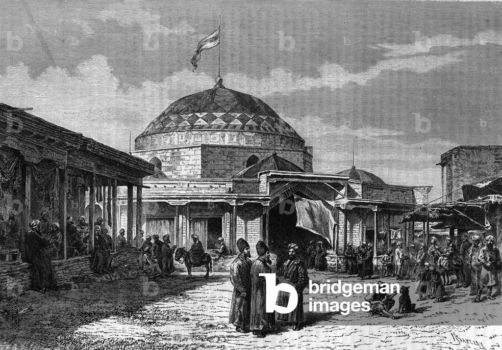 The great bazaar of Samarkand (Samarqand or Samarkand) in Uzbekistan in the 19th century. Engraving in “” le journal de la Jeunesse “” of 1888.
