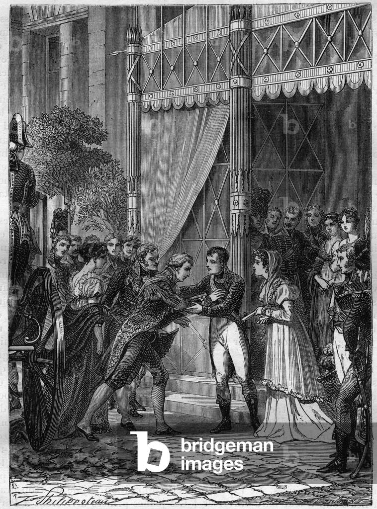 Bonaparte and Josephine de Beauharnais receive the young king of Etruria, Louis I, 1865 (engraving)
