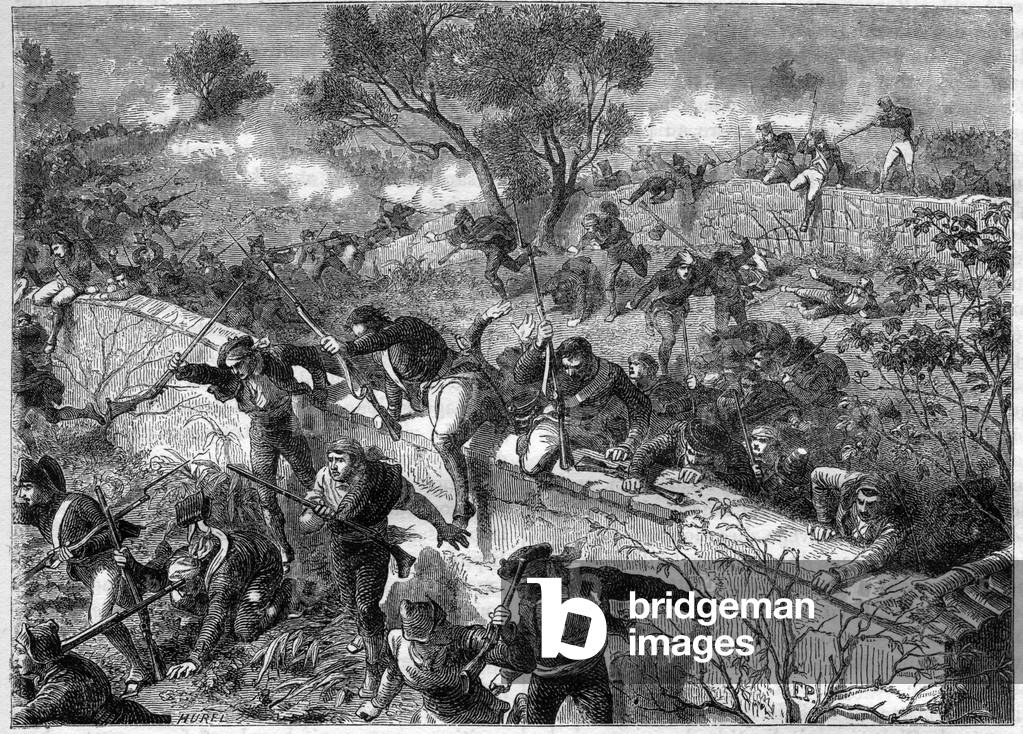 Napoleonic Wars - Spanish Campaign 1808 - Battle of Espinosa de los Monteros, 10th-11th November 1808 - Regis Barthelemy Mouton Duvernet (Mouton-Duvernet, 1769-1816), French general repressing the Spaniards in the Battle of Espinosa, November 10-11, 1808 - in “Histoire de l'empire suite à l'histoire du consulate” by Adolphe” Thiers - 1879 - private collection
