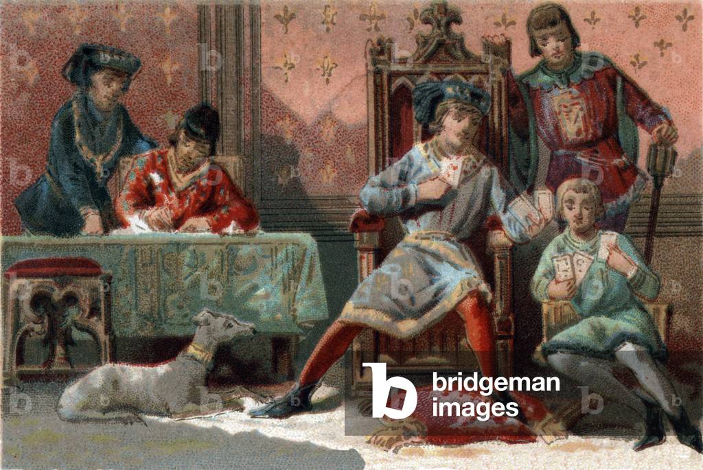 For distraction, the King of France Charles VI (1368-1422) used to play cards. Chromolithography around 1890.