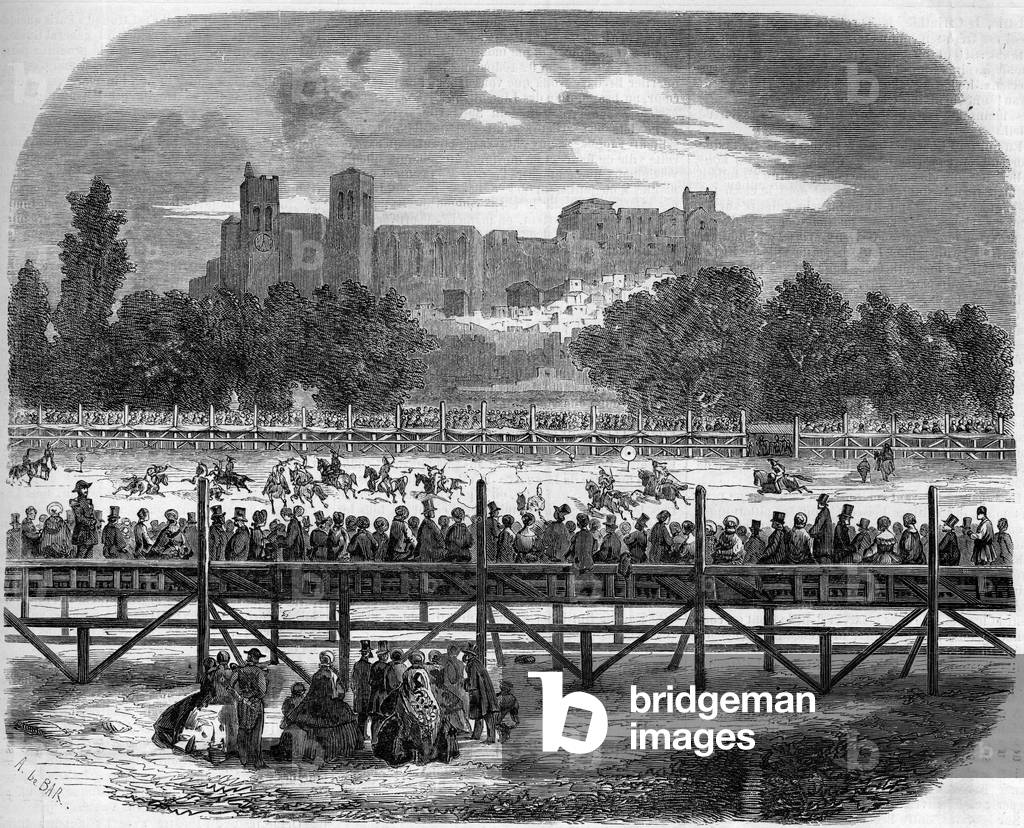 Horse riding, 1858: carousel executed by the officers of the 7th regiment of hunters during the feasts of the regional competition of Avignon (Vaucluse, 84). In the background, the Popes' Palace. From a photograph by M.E. Coulon. Engraving in “” Le Monde Illustré”” n°58 of 22 May 1858.