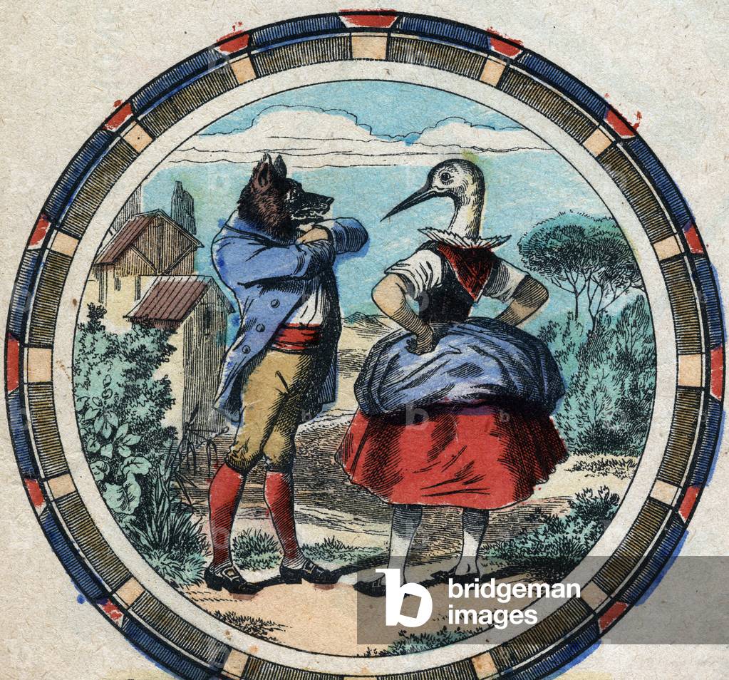 The wolf and the stork. Fables by Jean de La Fontaine, late 19th century (print)
