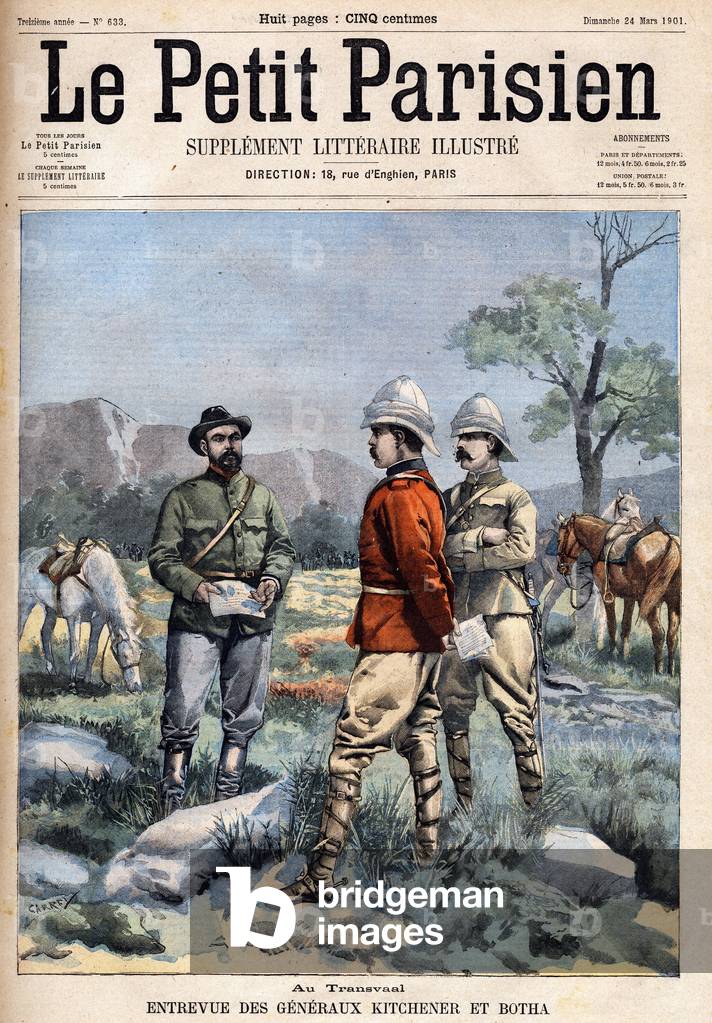 Boer War at the Transvaal: Interview with Generals Horatio Herbert Kitchener, known as Lord Kitchener (1850-1916) commander of the English troops and Louis Botha (1862-1919), chief of the Boers at the Transvaal. Engraving in “” Le Petit Parisien”” on 24/03/1901.
