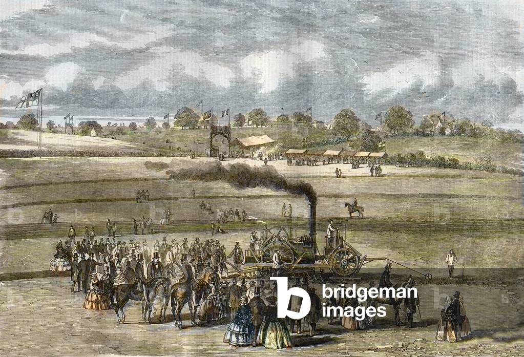 Great Britain: Agriculture, plowing scene. Boydell steam plow near Louth in 1854. (steam ploughing with Boydell's engine near Louth).
