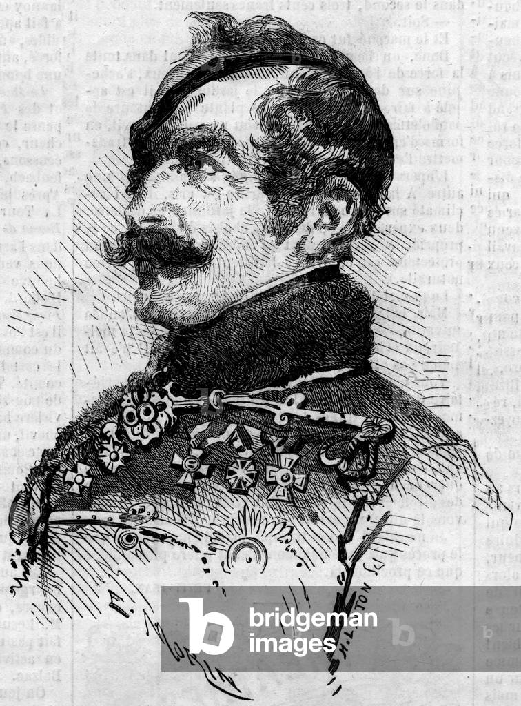 Portrait of Franz von Schlick (1789-1862), field marechal, commander general of the Austrian army in Italy during the Risorgimento in 1859. Engraving in “” Le Monde Illustré”” n°115 of June 25, 1859.