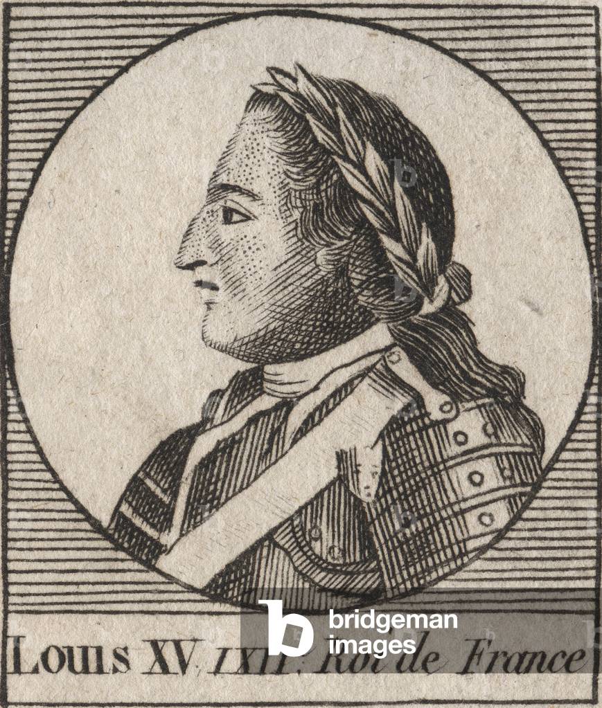 Portrait of Louis XV (1710-1774) dit le Bien Aime, roi de France 1715 à 1774 - Louis XV, known as Louis the Well beloved, king of France - engraving from “Instruction sur l'Histoire de France”” by Charles Constant Le Tellier 1821
