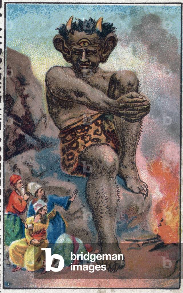 The giant. The wonderful adventures of Sinbad (Sindbad) the sailor. Popular tale of 1001 nights (one thousand and one nights). Chromolithography of the late 19th century.
