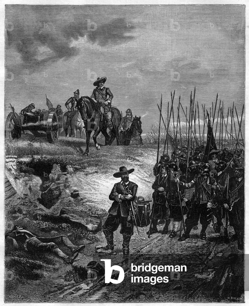 English Civil Wars: Oliver Cromwell (1599-1658) at the Battle of Marston Moor, 2 July 1644 - Parliamentarians defeated Royalists under Prince Rupert. Engraving 19th century- Oliver Cromwell at the Battle of Marston Moor on 2 July 1644 during the First English Civil War - engraving 19th century