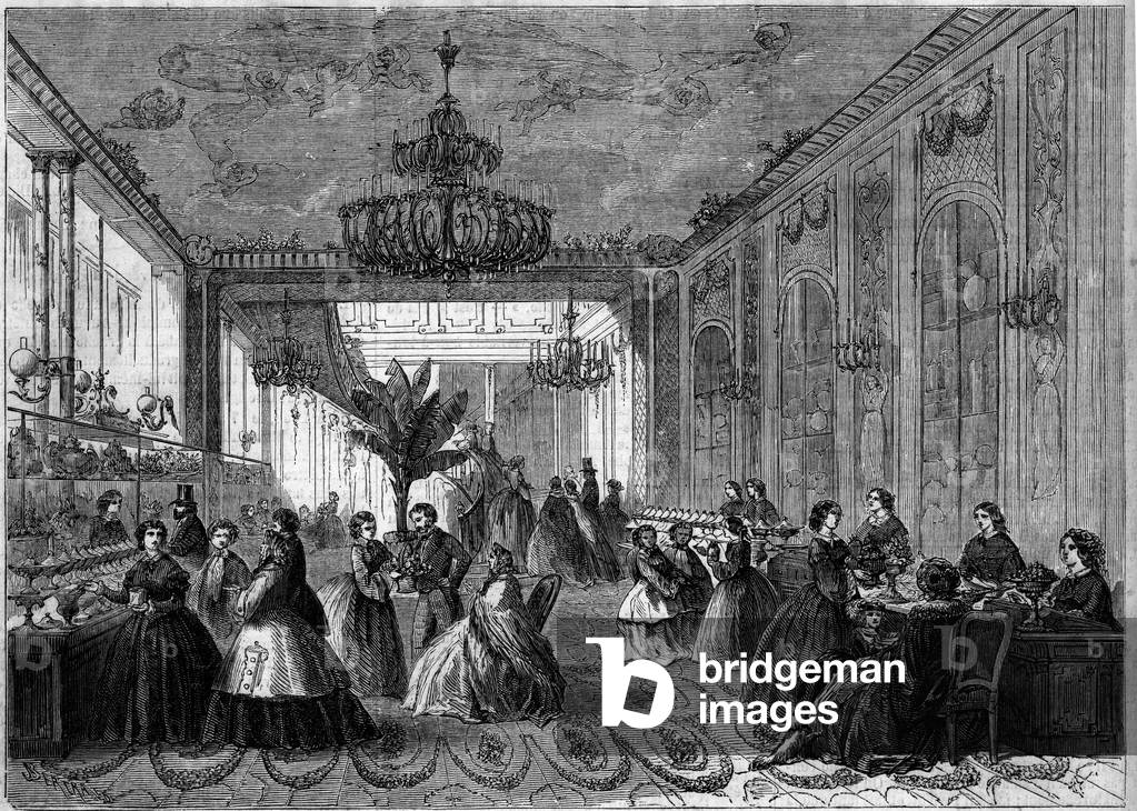 Internal view of Paul Siraudin's confectionery. Paris, 1860. Engraving in “” Le Monde Illustré”” n°191 of 8 December 1860.