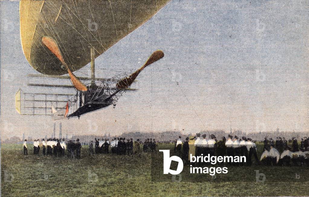 From Compiegne to London by airship: the landing of Bayard-Clement (Bayard Clement) to Wormwood Scrubbs. Engraving. One of the newspaper “” Le petit parisien”” on 10/30/1910. Private collection.