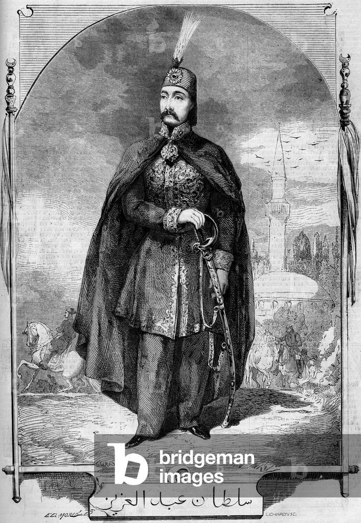 Portrait of Abdul Aziz (Abd-ul-Aziz or Abd Ul Aziz or Abdulaziz) 1830-1876), sultan of the Ottoman Empire. Engraving in “” Le Monde Illustré”” n°224 of 27 July 1861.