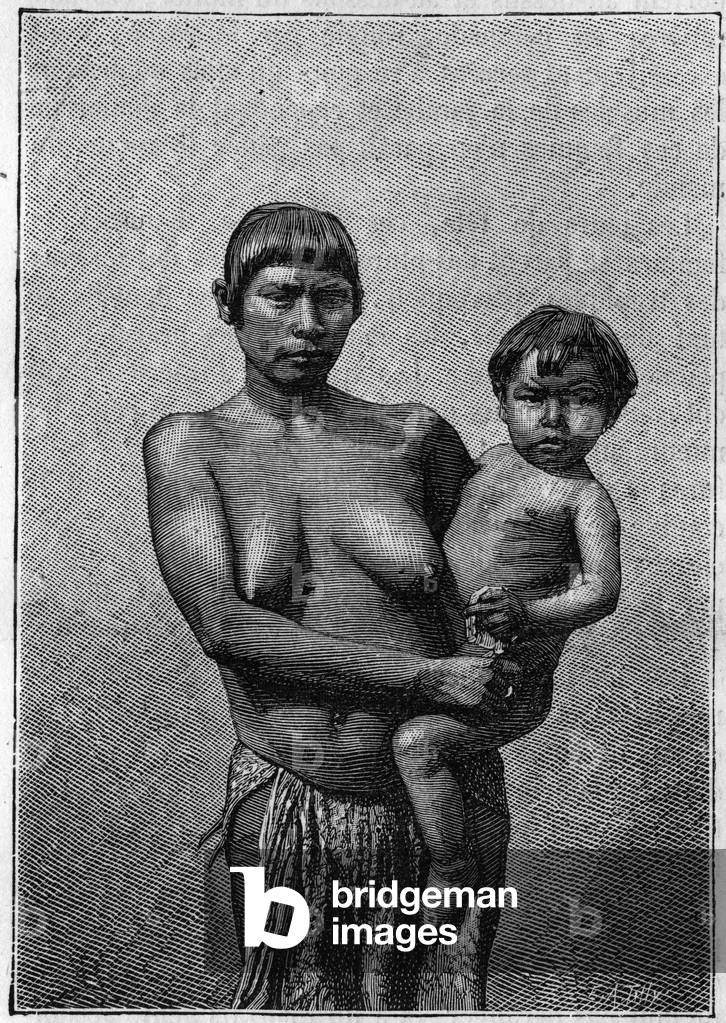 Human Zoo: young Galibi woman (Amerindian people) and her child at the Jardin d'Acclimatation in Paris. Engraving in “” La Nature: revue des sciences et de leurs applications aux arts et a l'industrie”” of 19 August 1882.