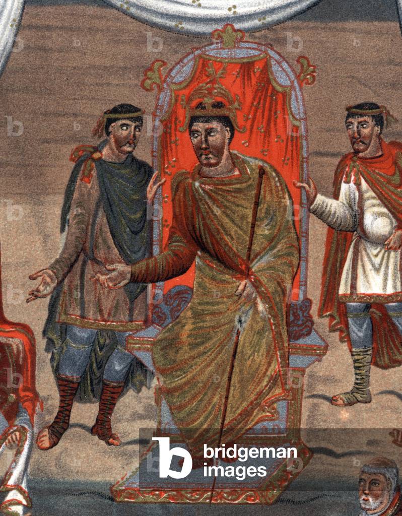 details of: Charles II the Bald (823 - 877), King of France receiving a delegation of monks from Tours.Fac-Simile in chromolithography of the 19th century after a miniature of the Xth century preserved at the B.N. of Paris.