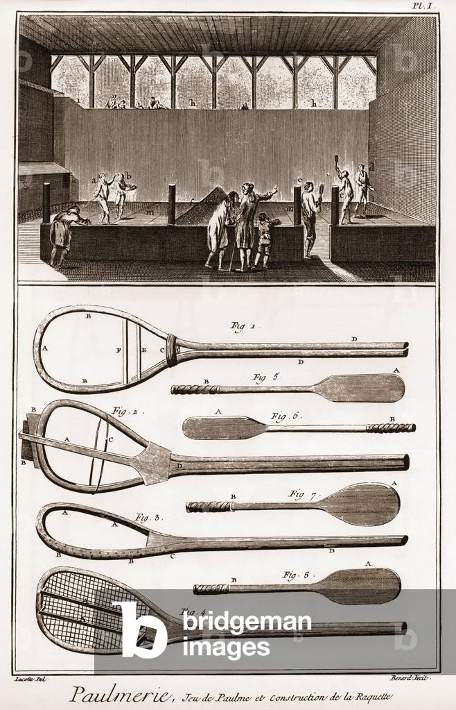Paulmerie - Jeu de paume et construction de la racket - Jeu de Paume court and various stages in the construction of racquets (paddle-bats or battoirs) - “” La Grande Encyclopedie, ou Dictionnaire Raisonne des Sciences, des Arts et des Metiers” (Encyclopedia or Dictionary of the Sciences, Arts and Professions) by Denis Diderot (1713-1784) and Jean d'Alembert ( 1717-1783)