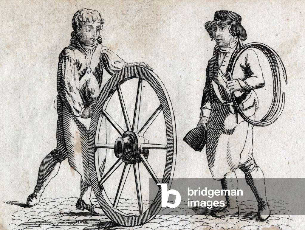 Charron with cart wheel and apprentice Engraving late 18th century.