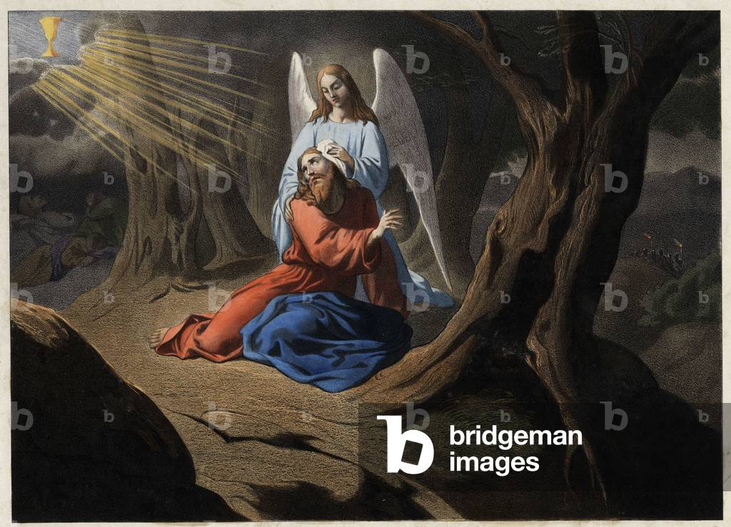 Agony in the Garden - Christ's prayer in the Garden of Olives. Anonymous engraving from the middle of the 19th century.