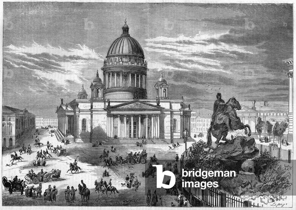 Religious architecture: view of the Orthodox Church of Saint Isaac (1819-1858) in Saint Petersburg (Saint Petersburg) in Russia, built according to the plans of architect Ricard de Montferrand (1786-1858). On the right is the equestrian statue of Peter the Great (Peter I of Russia, 1672-1725) made by the sculptor Etienne Maurice Falconet (1716-1791) and inaugurated in 1792. Engraving in “” Le Monde Illustré”” n°51 of 3 April 1858.