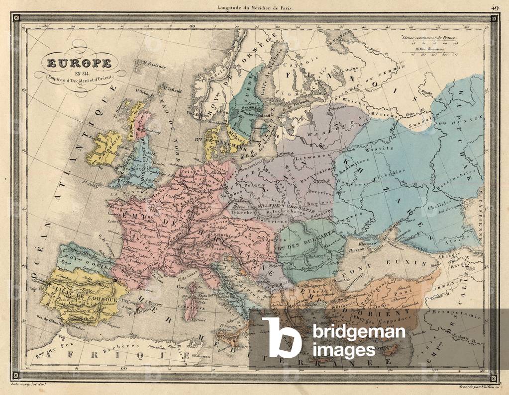 Atlas of Europe in 814: Empires of the West and the East. Plan draws from “” Universal Atlas of Ancient and Modern Geography”” by Vuillemin. sd. circa 1851.