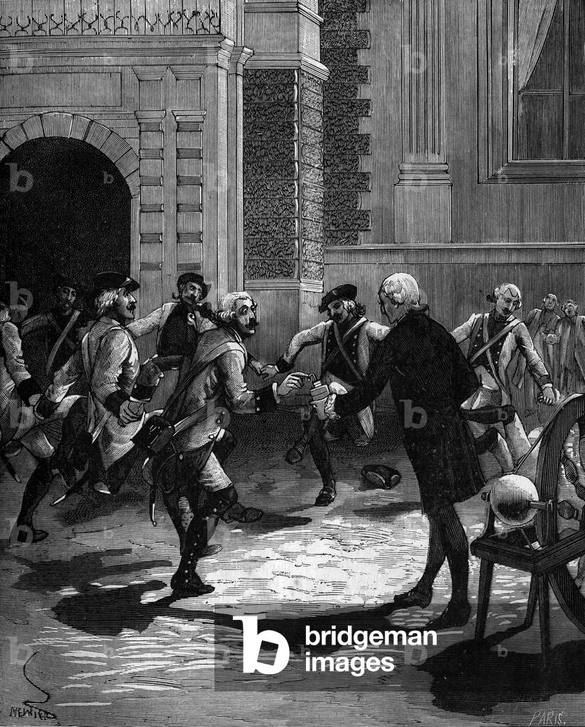 Experience of the bottle of Leiden by Abbe Jean Antoine Nollet (Jean-Antoine) (1700-1770), French physicist at Versailles, where 180 guards were struck at the same time.1746.