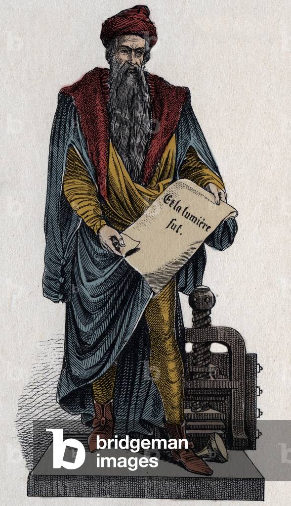 Johann Gutenberg, German printer and goldsmith, 15th century - Johannes Gensfleisch dit Gutenberg (1394/99-1468), German printer, holding a parchment with writing “” and the light was””” - Engraving of the 19th century