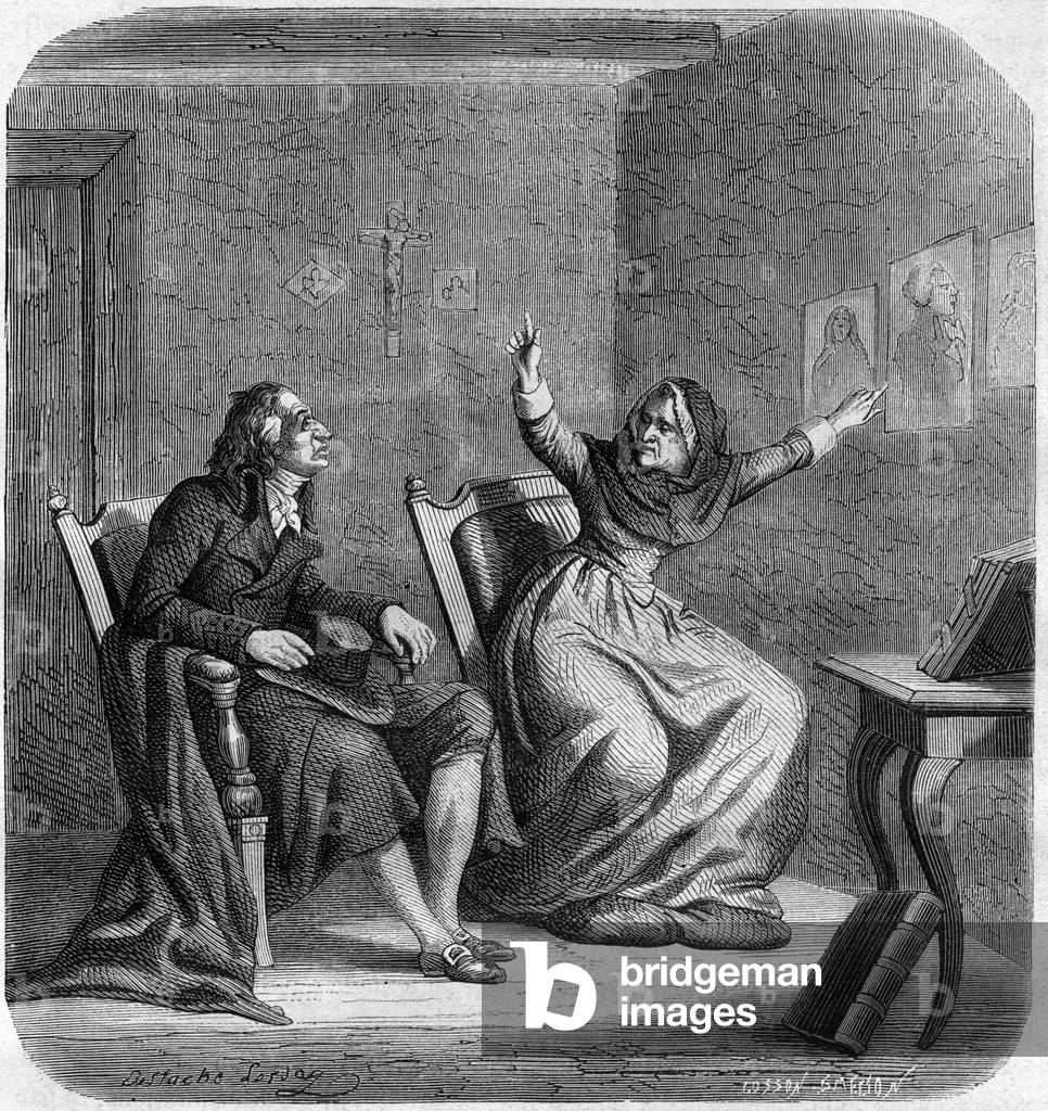 Catherine Theot (1716-1794) mystical and French visionary with Antoine Christophe Gerle, dit Dom Gerle (1736-1801) - Engraving in “Histoire des Girondins” by Alphonse de Lamartine (1790-1869) 1865-1866 - Private collection