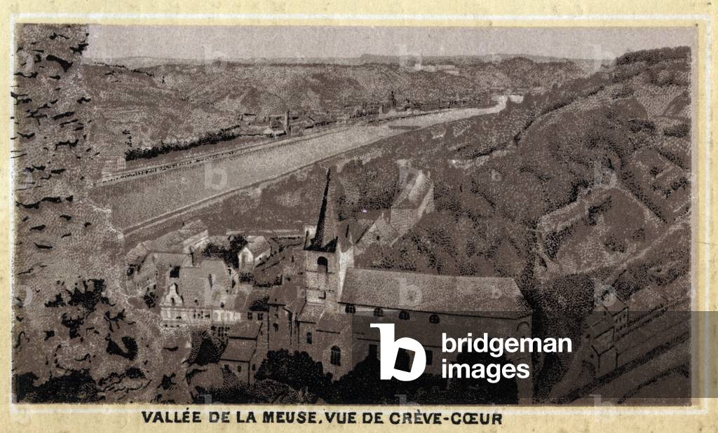 Vallee de la Meuse: view of Creve Coeur (Creve-Coeur or Crevecoeur), Wallonia, Belgium. Chromolithography of the late 19th century.