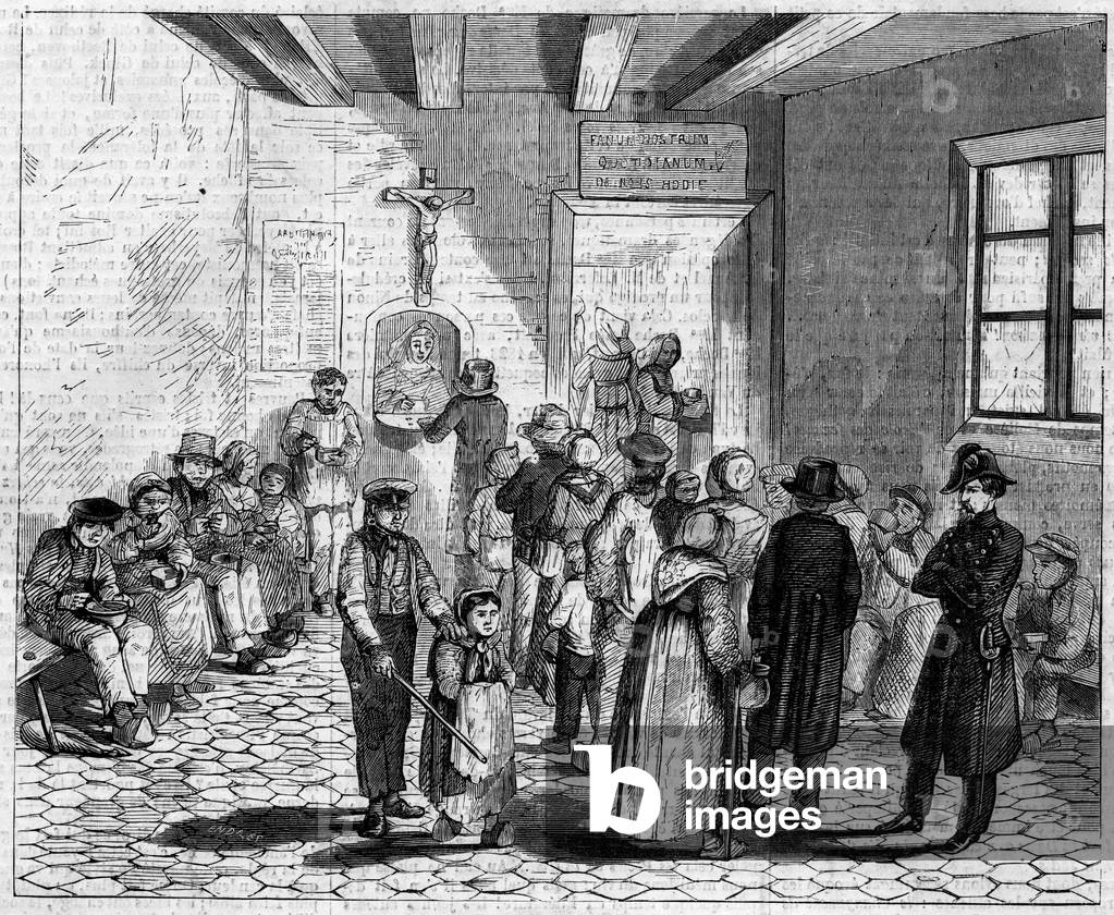 Workers queuing to buy foodstuffs, Paris, 1857 (engraving)