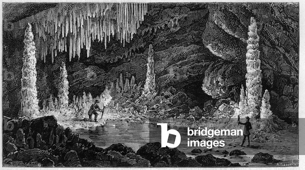 View of the Reclere cave in Switzerland. Engraving in “” La Nature. Revue des sciences et de ses applications aux arts et a l'industrie”, 1889.