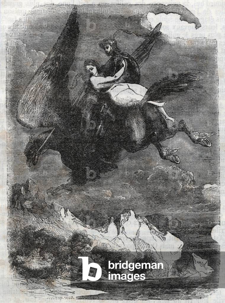 Roger (Ruggero, Ruggiero) and Angelique (Angelica) on the hippoclaw - engraving from 1851 from “” Roland furieux”” (Orlando furioso) (16th century) by Ludovico Ariosto, known as Ariosto - Edition translated from Italian by the Count of Tressan and published by Gustave Harvard 1851