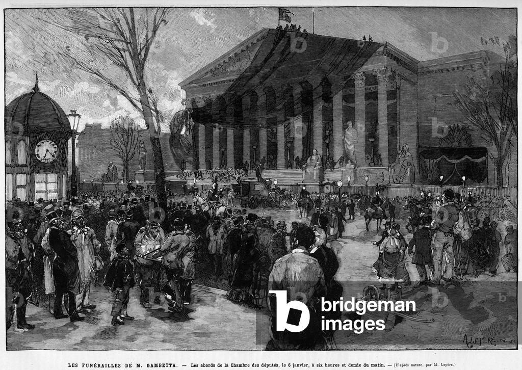 The funeral of Leon Gambetta: The vicinity of the House of Deputes, January 6, 1883, at six and a half in the morning. Engraving in “” Le Monde illustrious”” 1883. Private collection.