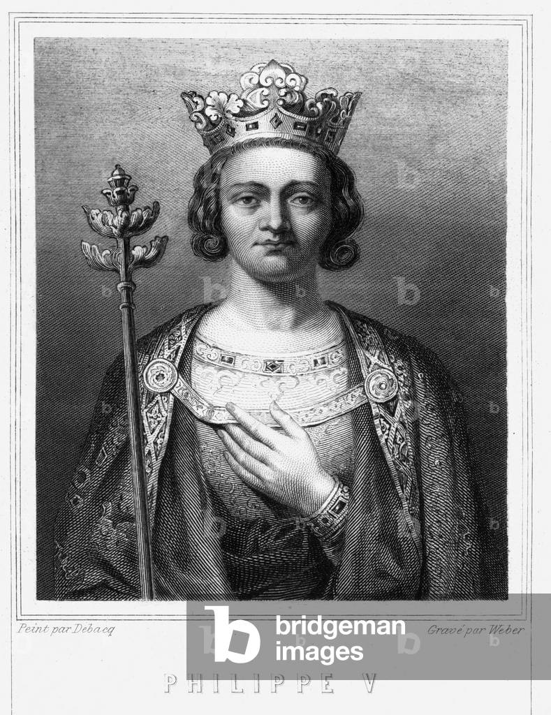 Portrait of Philippe V le Long (1294 - 1322), King of France - in “” Histoire des Français”” by Lavallée, engraving, sd., 19th century.