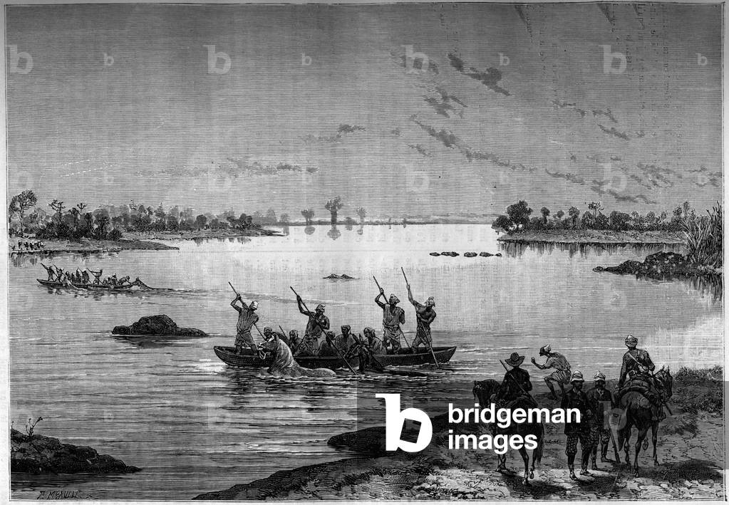 Boat crossing of Niger by missionaries, 1887 (engraving)